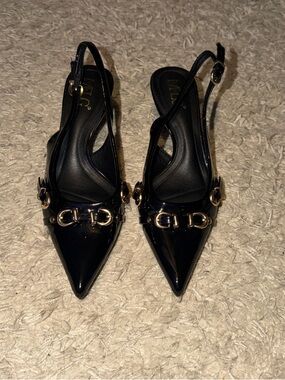 DSW Black Pointed Slingback Heels with Gold Buckle Detail